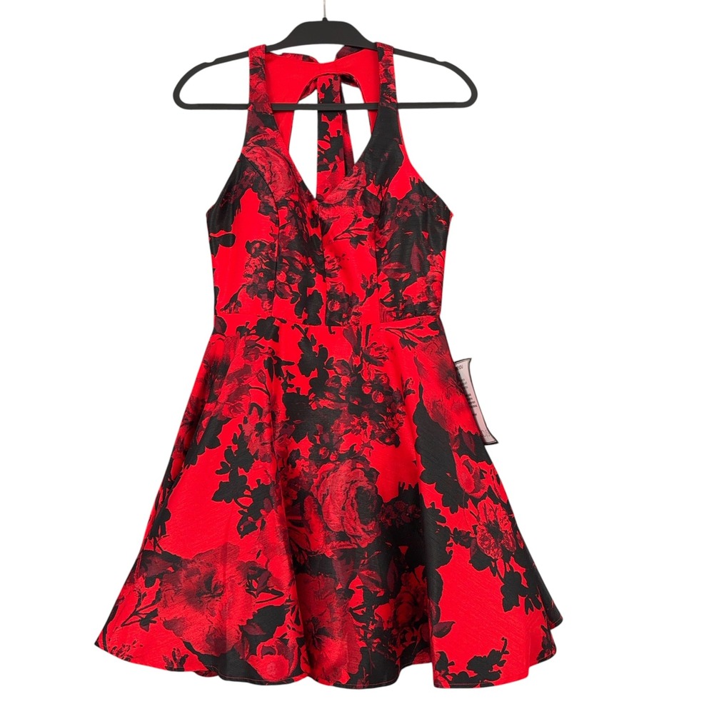 City Studio Halter Fit & Flare Dress Womens 7 Polyester Red Black Floral